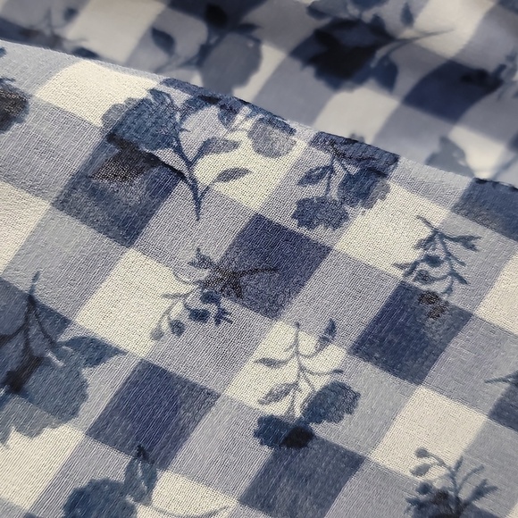 1 State Plus Size Gingham Blue/White Crepe Off the Shoulder Blouse - Picture 5 of 9